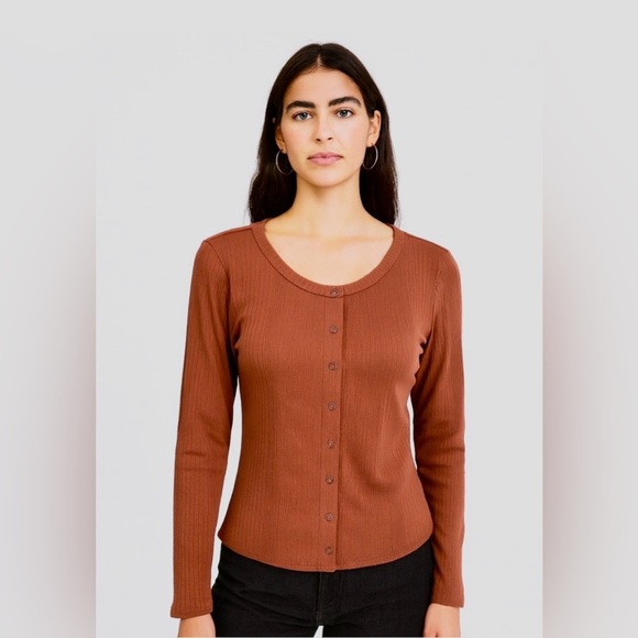 American Eagle Outfitters Brown Long Sleeve Ribbed Snap Button Top Size L - Picture 1 of 6